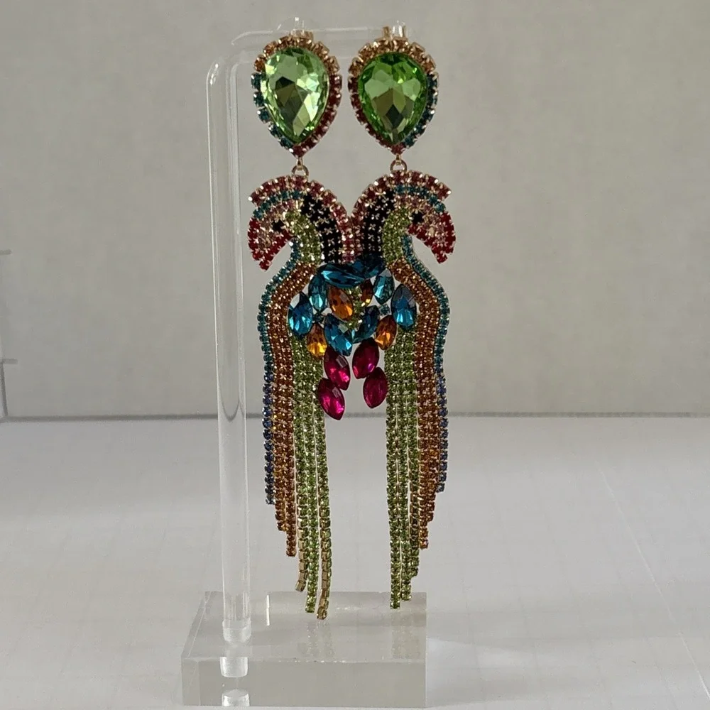 Elegant Multicolor Rhinestone Bird Parrot Dangle Earrings 5 inch Long